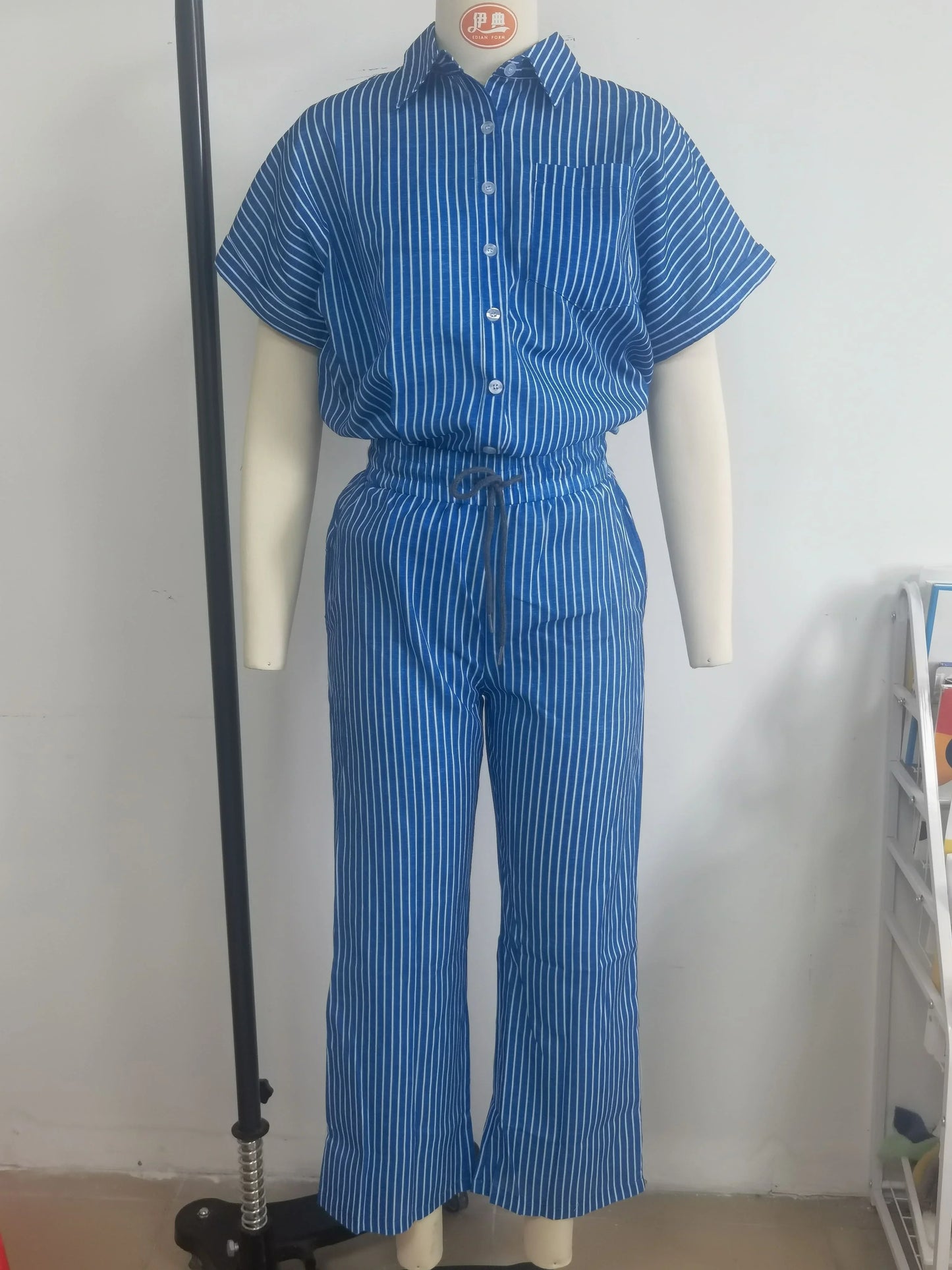 Classic Spring Autumn Cotton Linen Striped Printed Short Sleeve Shirt 2 Piece Set Retro Casual Loose Waist Trousers Women's Suit