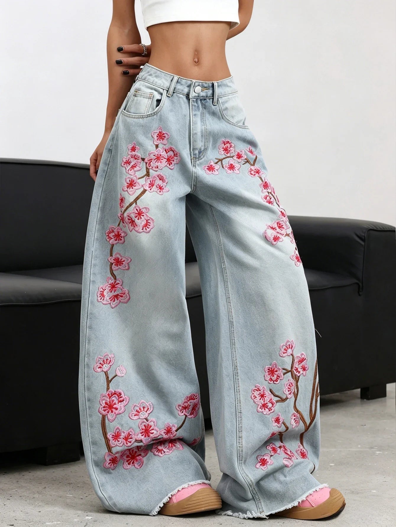 American Retro Plum Blossom Embroidery Design Blue Women's Loose Wide-Leg Jeans Y2K Street Fashion Versatile Straight Trousers