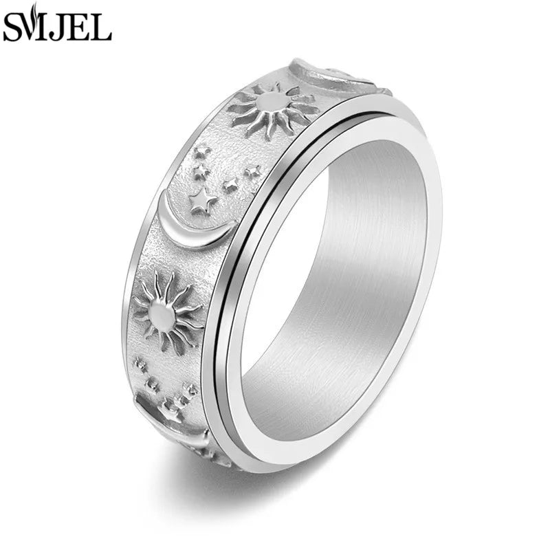 Anti Stress Anxiety Relaxing Ring Retro Star Moon Stainless Steel Fidget Spinner Rings for Couple Jewelry Anillos De Hombres