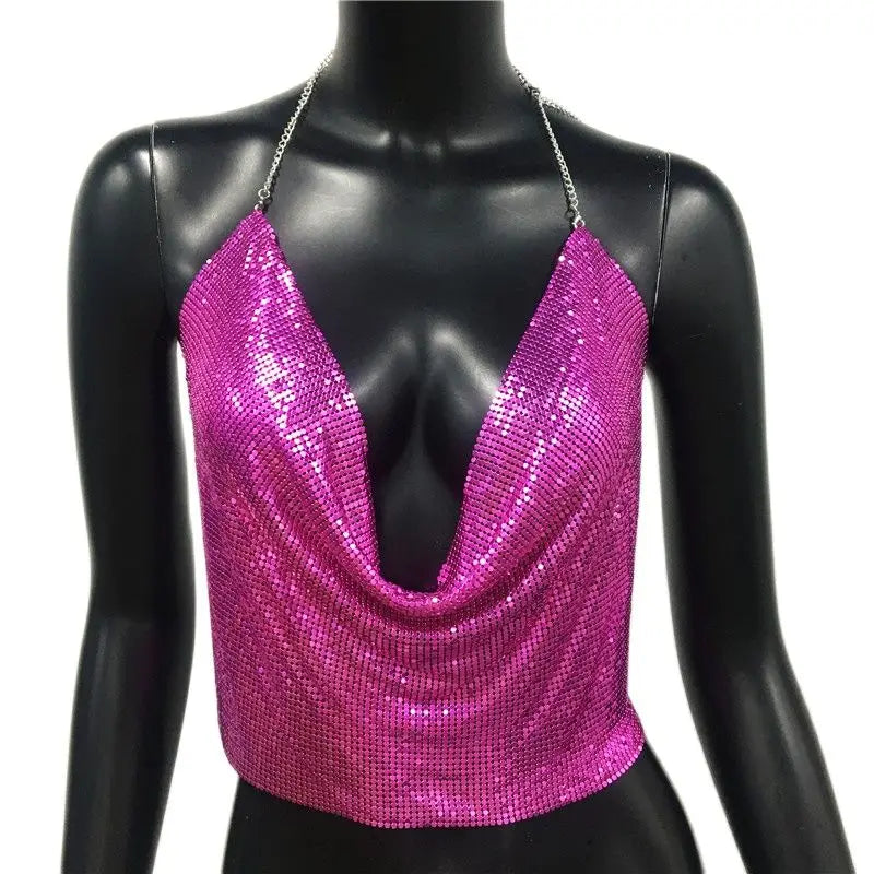 AKYZO Women 2023 Sexy Metal Sequined Tank Camis Summer Gold Silver Backless Cropped Glitter Beach Club Show Wear Tank Tops