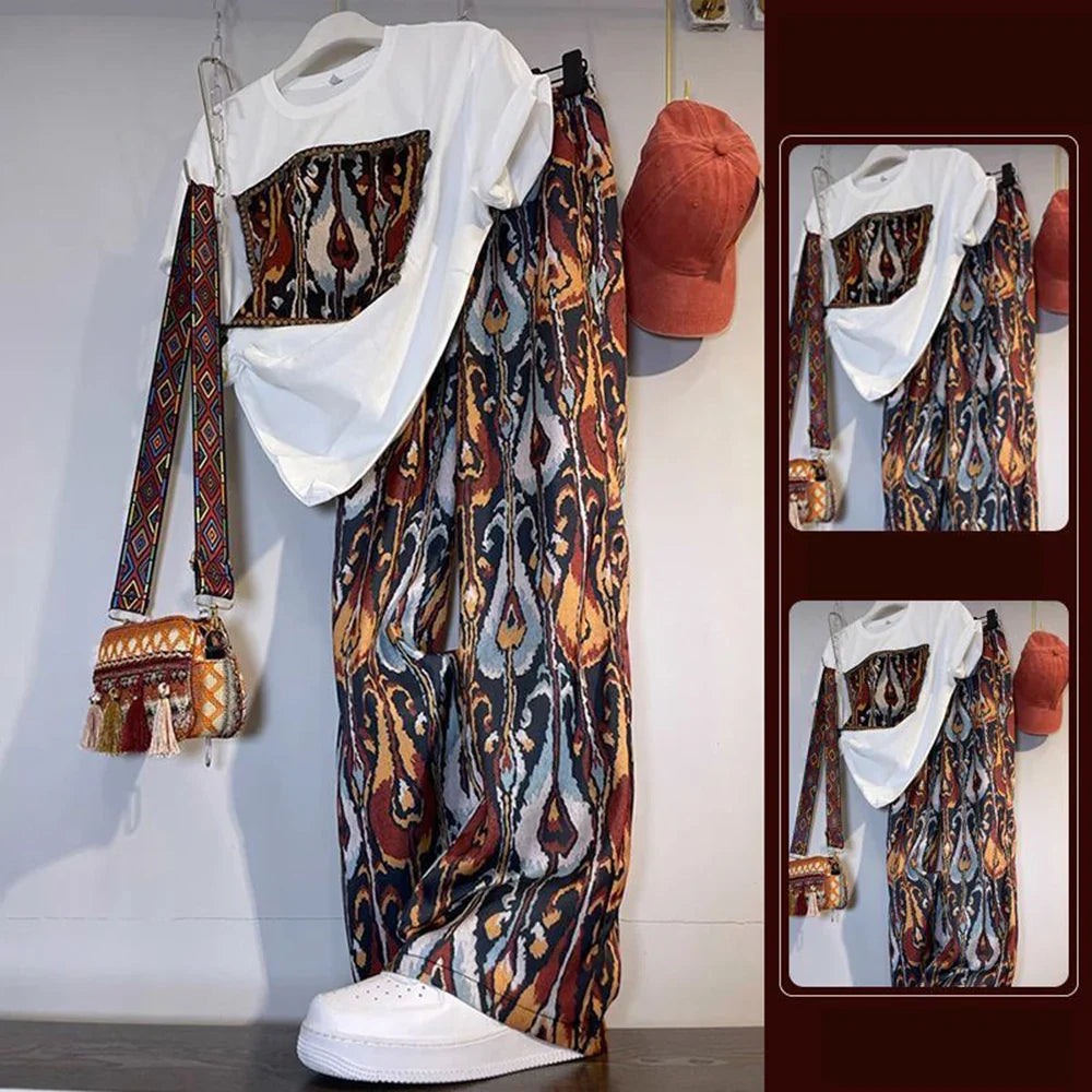 Fashion 2piece Set Women's Summer Thin O-neck Short Curled Sleeves Printed Patchwork T-shirt+Elastic Loose Wide Leg Pants