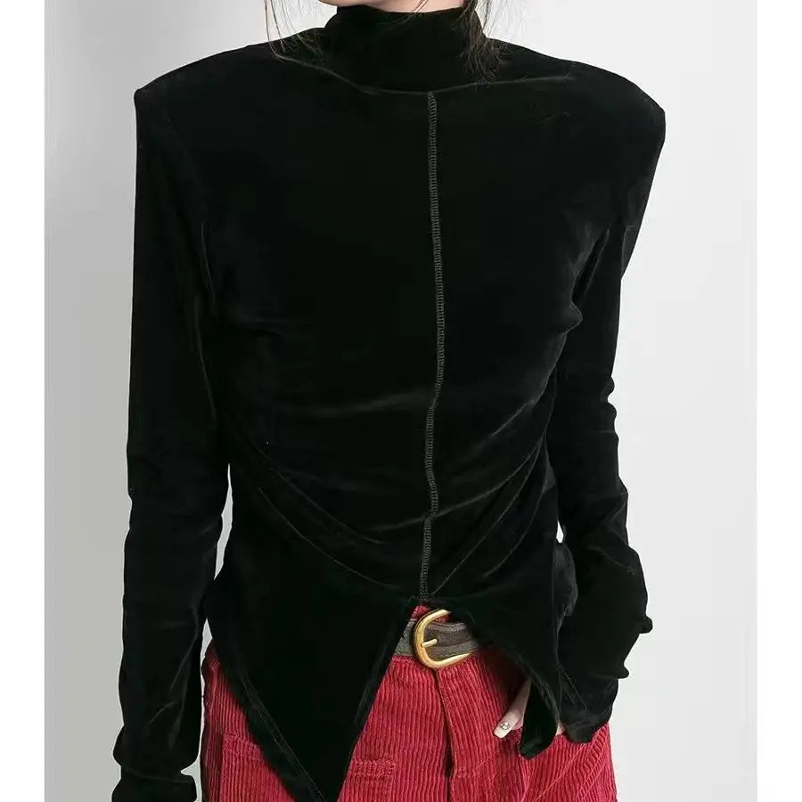 Turtleneck Tshirts Women Front Side-slit Solid Color Soft Female Long Sleeve Tops Leisure Tees Autumn All-match Irregular Slim