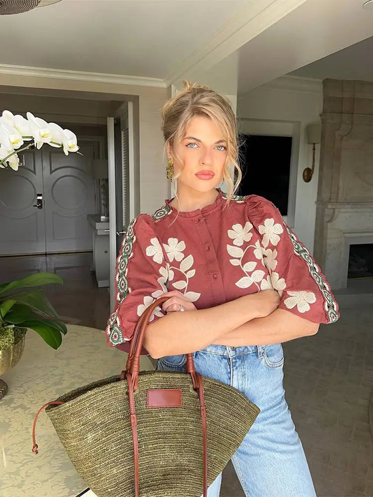 Vintage Elegant Embroidery Women's Blouse Fashion O-neck Elbow-length Puffed Sleeve Shirt 2024 Spring Lady Party Chic Streetwear