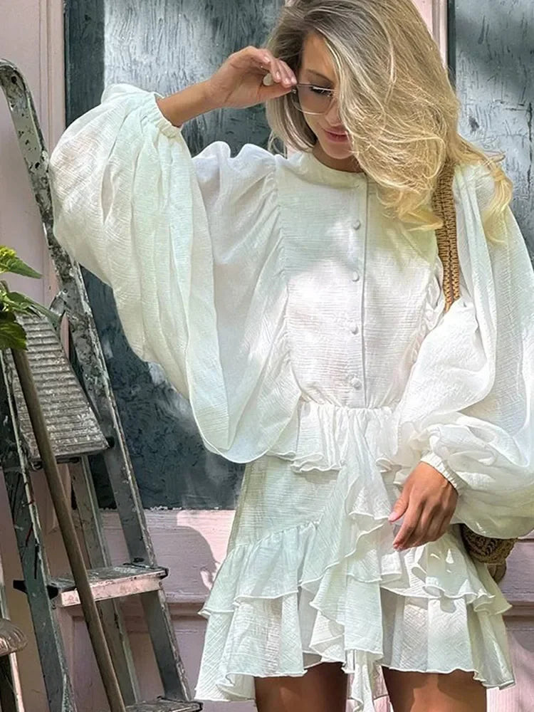 Elegant Layer Ruffles Hem Mini Dresses Chic Loose O Neck Lantern Sleeve Button A-line Cake Dress New Ladies High Street Vestidos