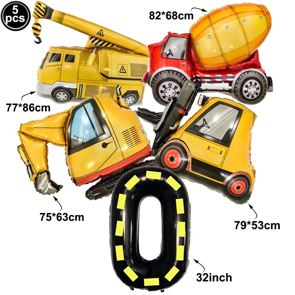 5pcs Construction Themed Balloon Carton Vehicle Balloon Excavator Forklift Crane Balloons for Boy's Construction Birthday Party