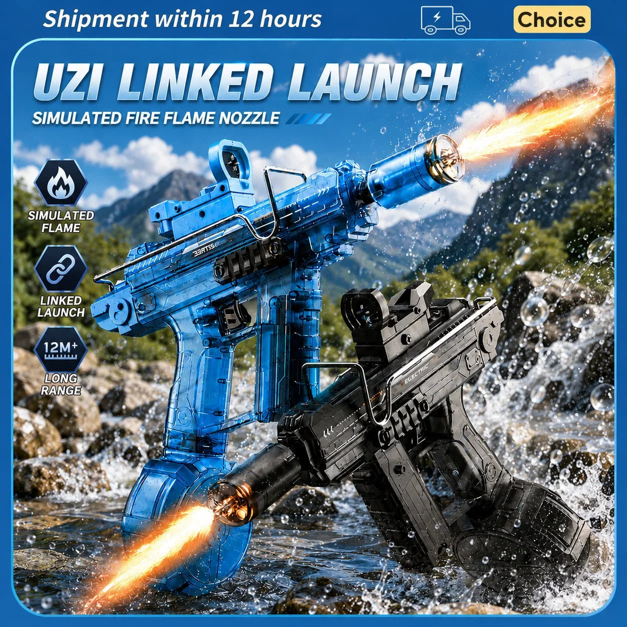 UZI Electric Water Gun with Lights Cool Electric Continuous Firing and Reloading Summer Water Play Kid’s Adult Toy Water Gun