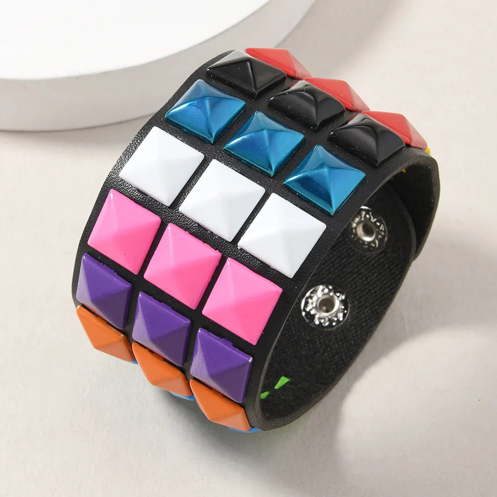 18 Color Punk Hip-Hop Three Rows of Square Rivets PU Leather Big Wide