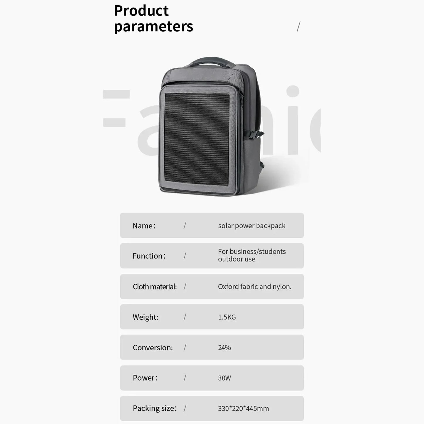 44x32x17cm 35L Solar Charging Backpacks 30W Solar Panel Oxford Cloth Lightweight Waterproof Zipper Bag Outdoor Bag Accessories