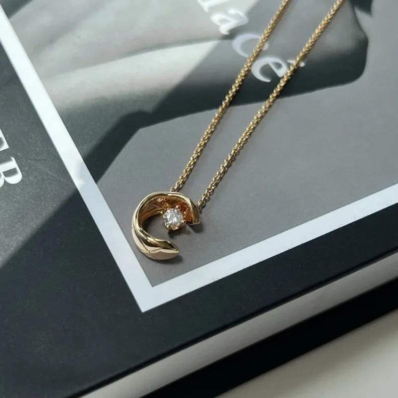 Minimalist Zircon Crystal Moon Pendant Necklace for Women Gold Color Clavicle Chain Charm Delicate Jewelry