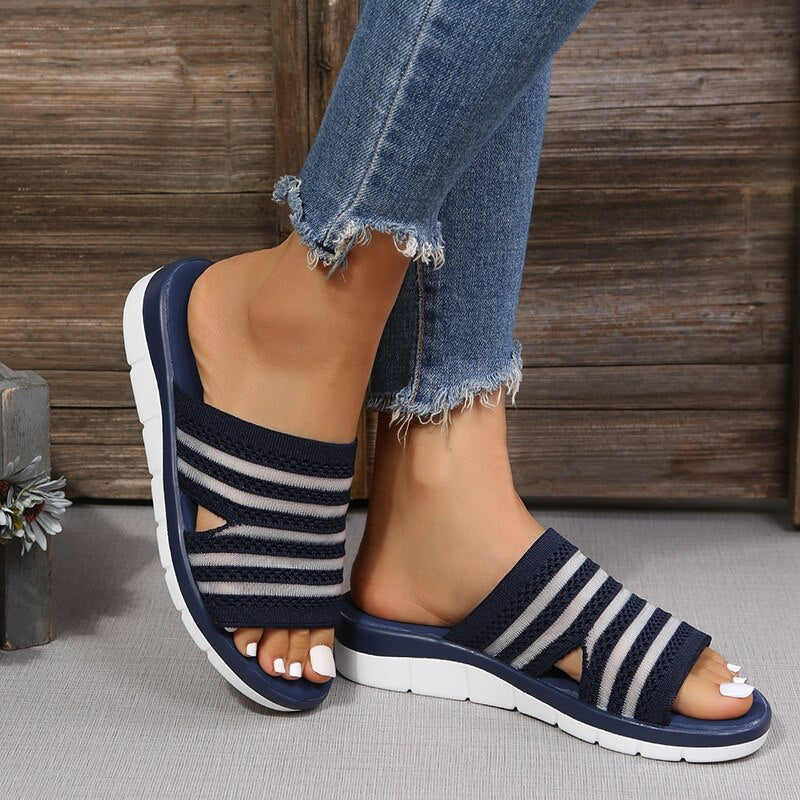 Slippers Women's 2022 Summer New Fashion Open-toe Hollow Round Head Flip-flops Flat Bottom Gray Fish Mouth Wedge Sandalias Mujer