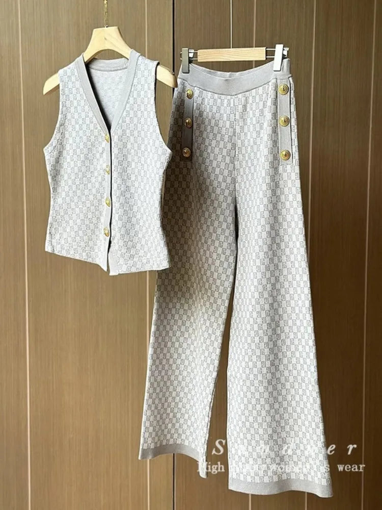 New French Style Women Pant Suit Jacquard Knit Top + Vest + Long Pant Three Piece High Quality Elegant Casual Chic Sweater Sets