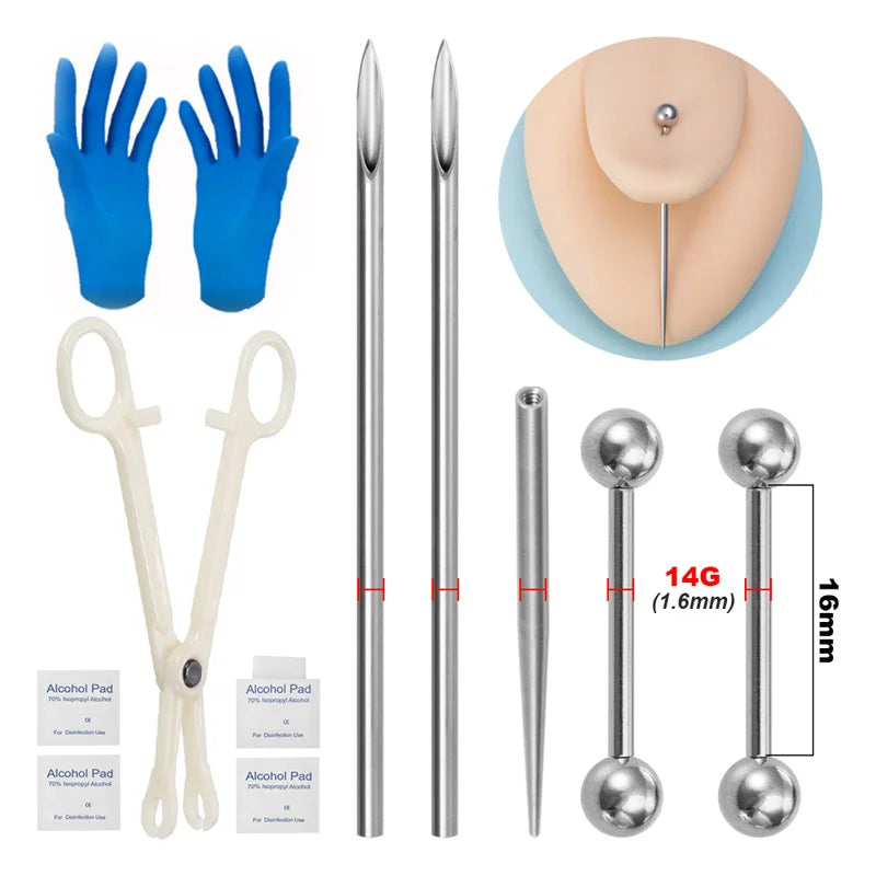 Sterile Body Piercing Tool Kit Surgical Steel Piercing Needles Clamp Pliers Gloves Set Pull Pin Lead Tool Lip Nose Belly Jewelry