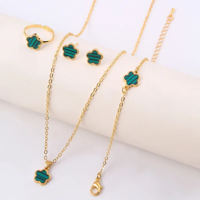Four-Leaf Clover Five-Piece Jewelry Set, Black Gold Light Luxury Necklace, Earrings, Bracelet, Ring Set, Fashionable and Elegant Women's Jewelry, Popular Accessories