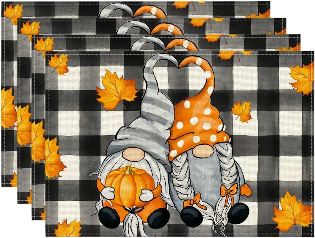 4PCS Thanksgiving Day Table Placemats 30*45cm Linen Autumn Pumpkin Maple Leaf Printed Dining Table Mat Festive Table Decoration