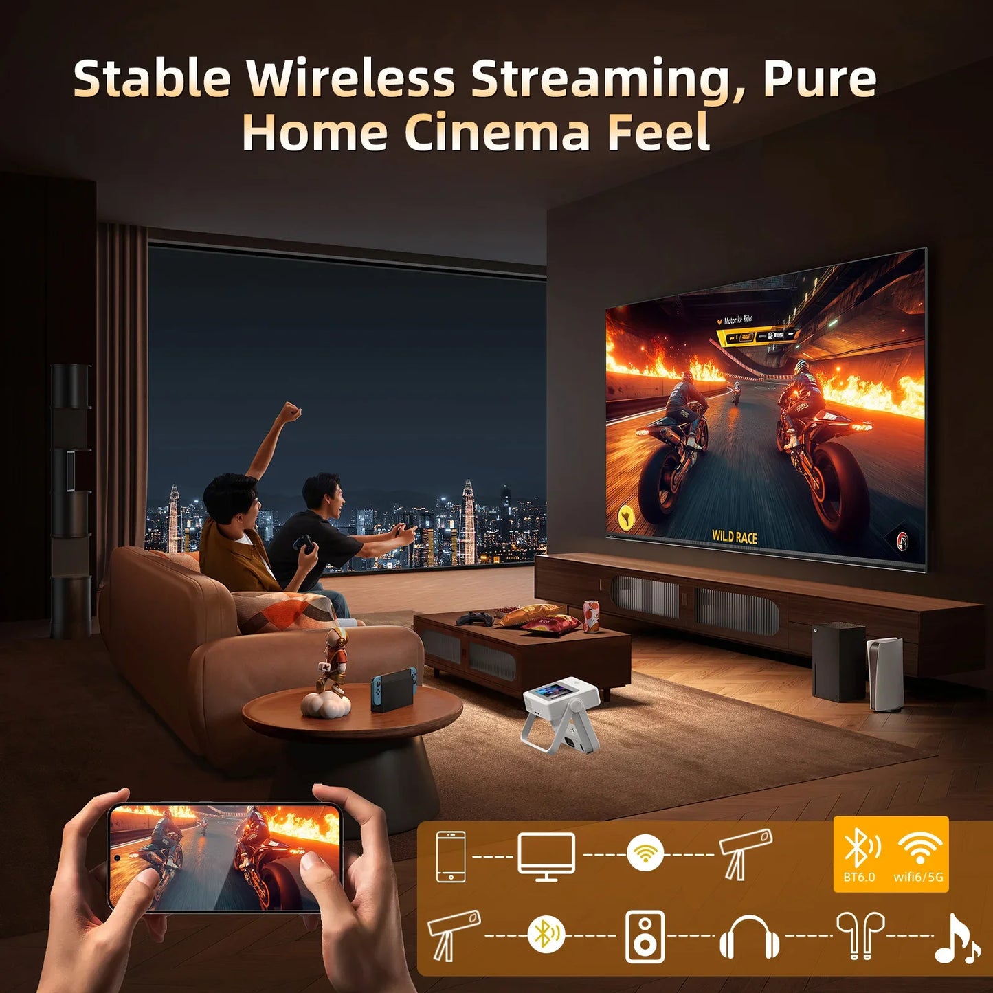 XBJ A5Pro 1080p Smart Projector With Screen Wifi6 BT5.2 Auto Focus Portable Projector 4k Home Cinema Indoor Outdoor
