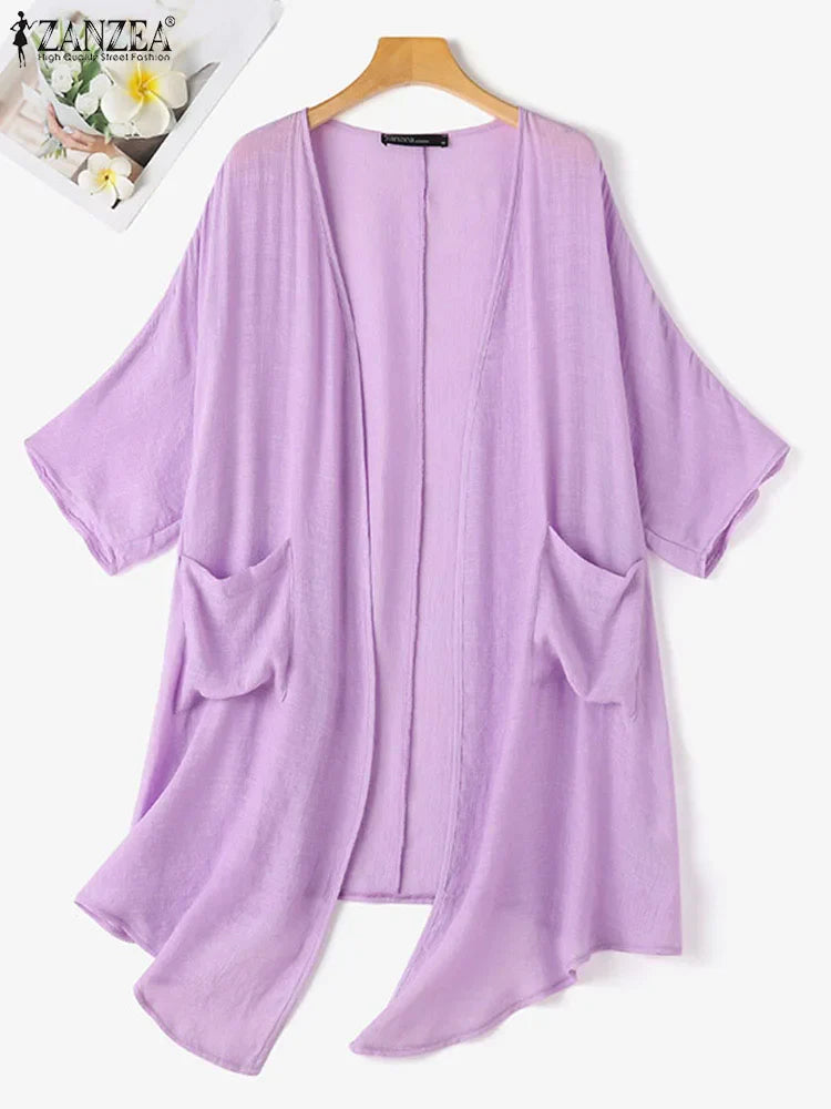ZANZEA Female Cotton Long Cardigan Women's Summer Blouse Casual 3/4 Sleeve V Neck Shirt Female Tops Thin Solid Baggy Blusas