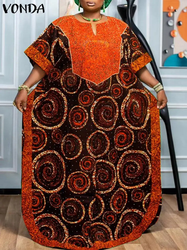 VONDA Bohemian Women Printed Maxi Sundress 2024 Summer Half Sleeve Casual Loose Long Dress Oversized Kaftan Holiday Vestidos