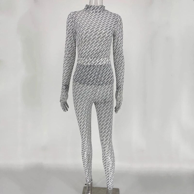 Joskaa Mesh Print Night Club Long Sleeve Bodysuit & Pants 2 Pieces Set Outfits Fashion Outwear Autumn 2020 Tracksuit Woman