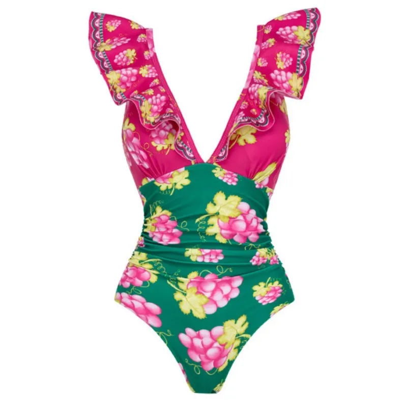 Retro Green Bikini Printed Fashion One Piece Swimsuit And Cover Up With Skirt Tight Women's Bandage Summer Beach Luxury Elegant