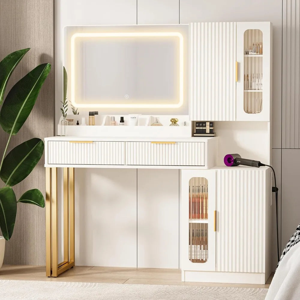 45" LED Makeup Vanity Desk with Mirror, Lights, USB Outlet & Storage for Bedroom.