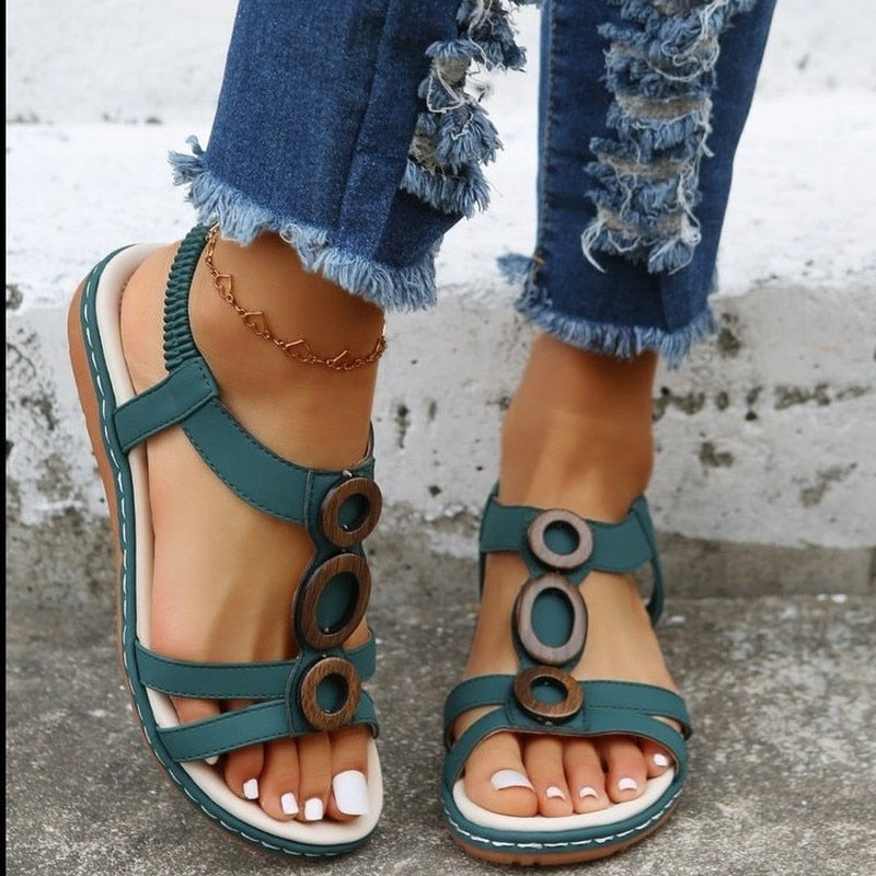 New Summer Women's Gladiator Sandals Cross-Tie Buckle Open Toe Outdoor Beach Shoes Fashion Round Toe Flat Simple Roman Sandals