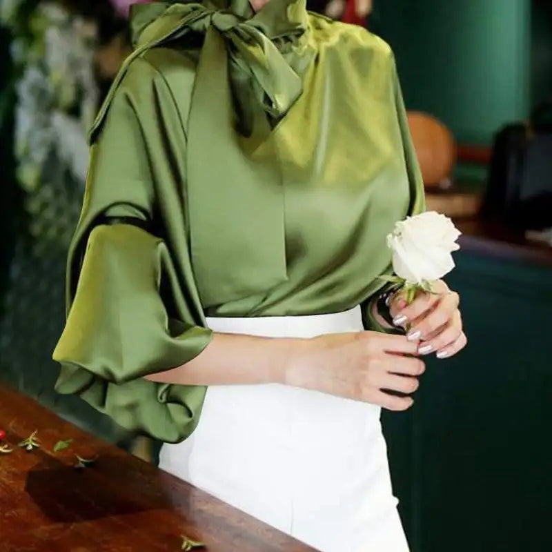 Celmia Elegant Women Satin Blouse Bow Tie Neck Shirt Lantern Sleeve Top 2024 Summer Fashion Female Office Tunic Casual OL Blusas