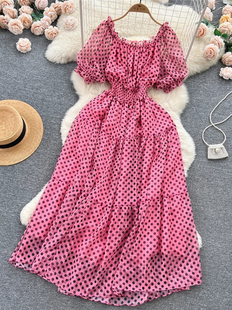 Summer Women Red/Green/White Polka Dot Chiffon Long Dress Beach Vacation Sexy Short Puff Sleeve High Waist A-Line Party Robe New