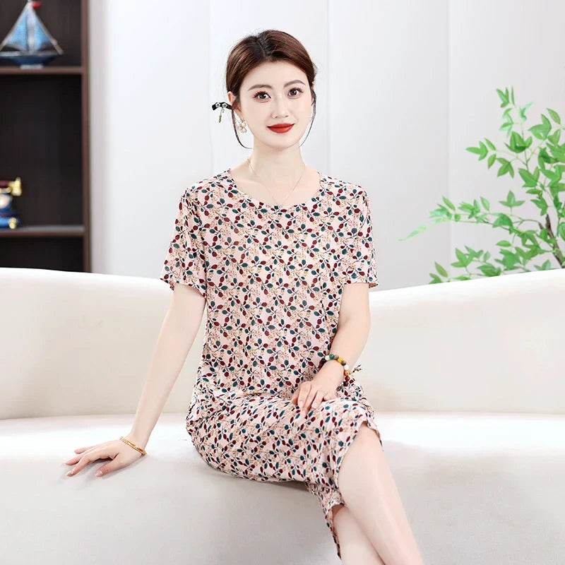 Summer Women's Ice Silk Home Set T-shirt+Pants Fashionable Multi-color Set Thin Asian Size Clothing Plus Size