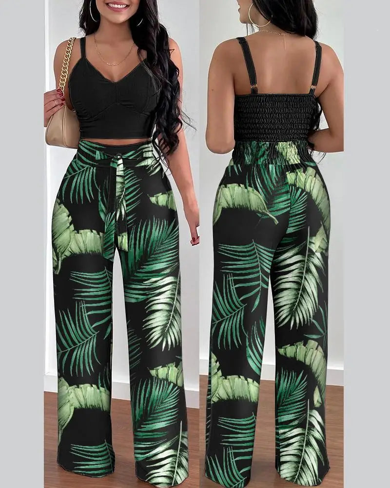 2 Piece Outfits For Women 2025 Sexy V-Neck Strap Shirred Slim Crop Top & Lace-up Wide Leg Pants Sets.
