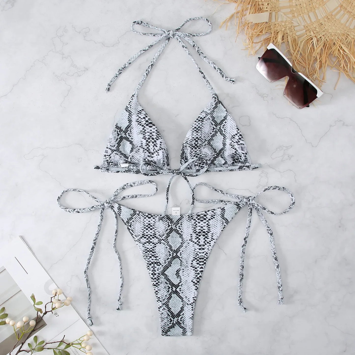 Snake Print 2-piece Swimsuit for Women,2024 New Triangle Bikini,summer Beach Vacation Suspender Backless Lace-up Bathing Suit