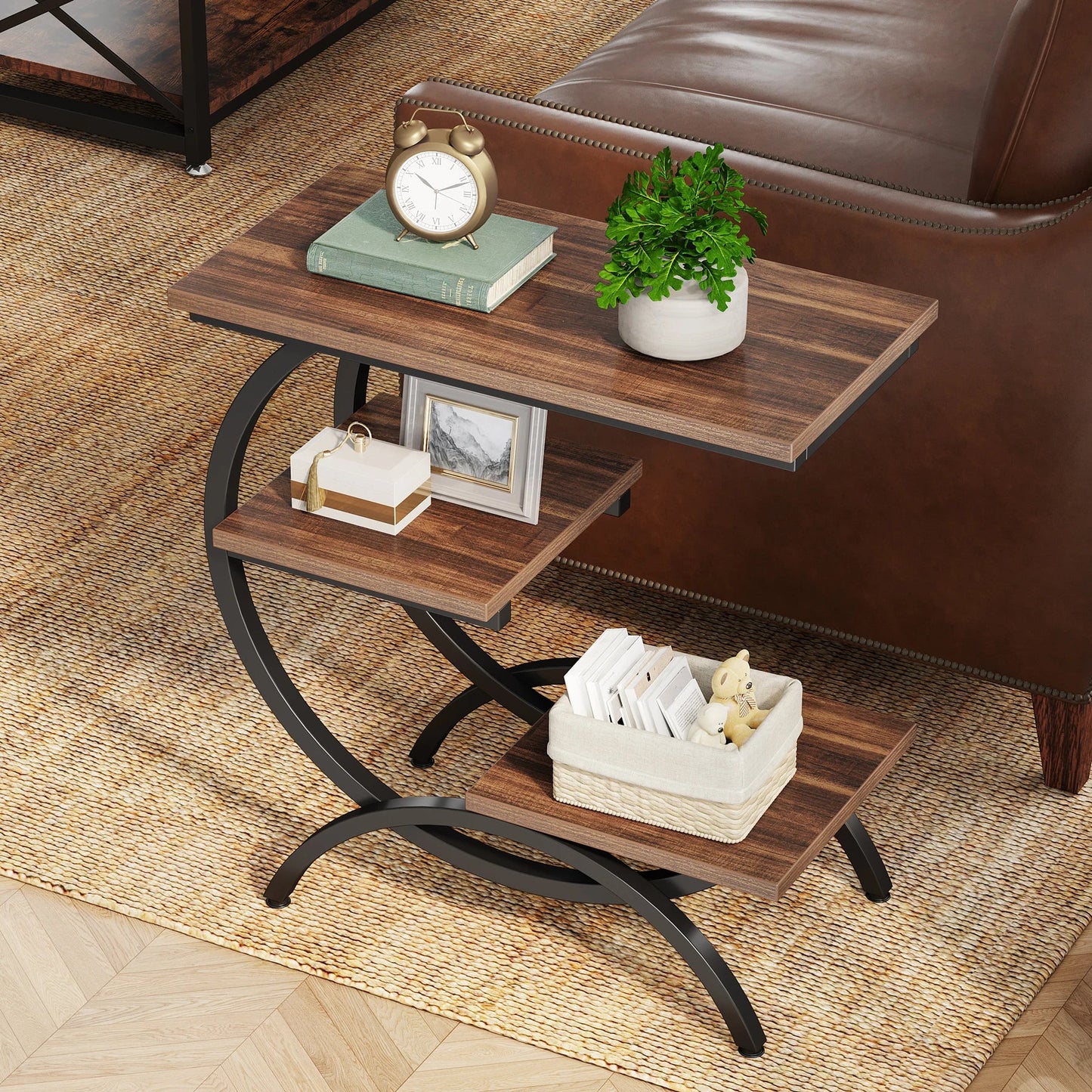 Tribesigns C-Shaped End Table, Industrial 3-Tier Small Table for Couch, Wood Bedside Table Snack Table with Storage Shelves
