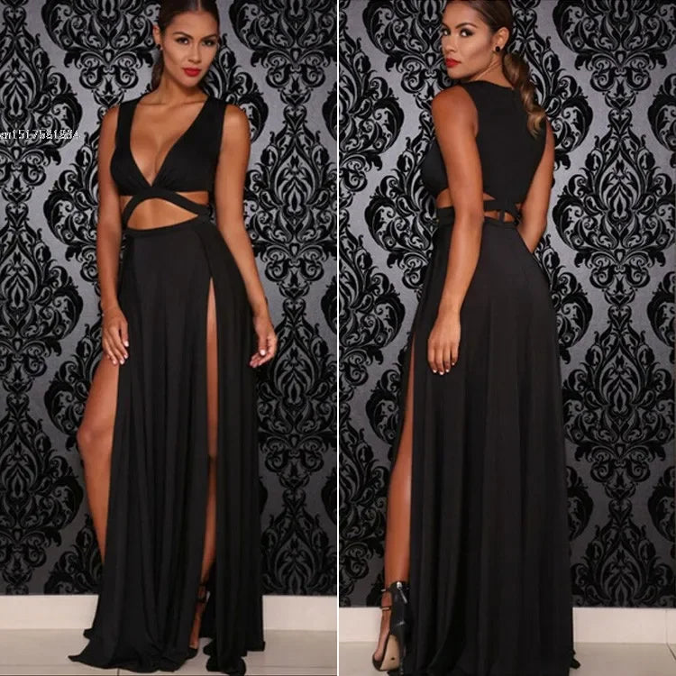 2024 Women Sexy Sleeveless V-neck High Slit Hollow Out Bodycon Bandage Dress for NightClub Party Long Wrap Maxi Dress Vestido u2