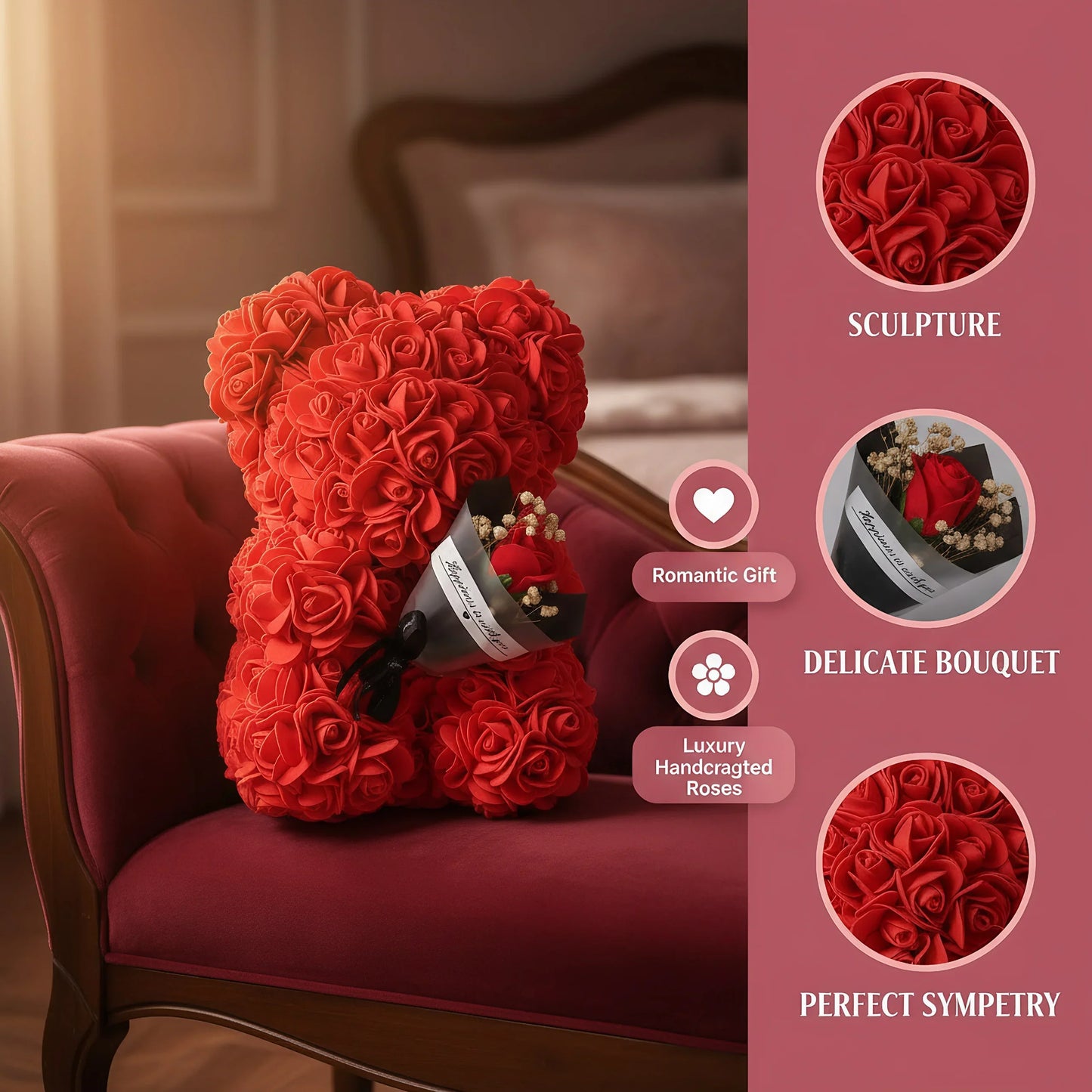 1pc 25cm Rose Bear with Flower Bouquet Artificial Foam Flowers Bear Romantic Creative Gifts for Valentines Day Anniversary Gift