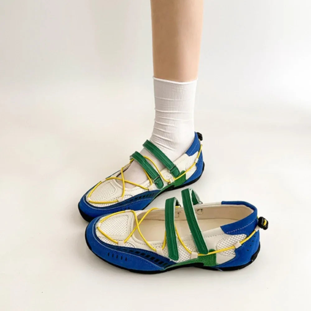 Silver Fashionable Casual Mesh Shoes Women's Summer New Magic Tape Thin Breathable Sports Mary Jane Single Shoes
