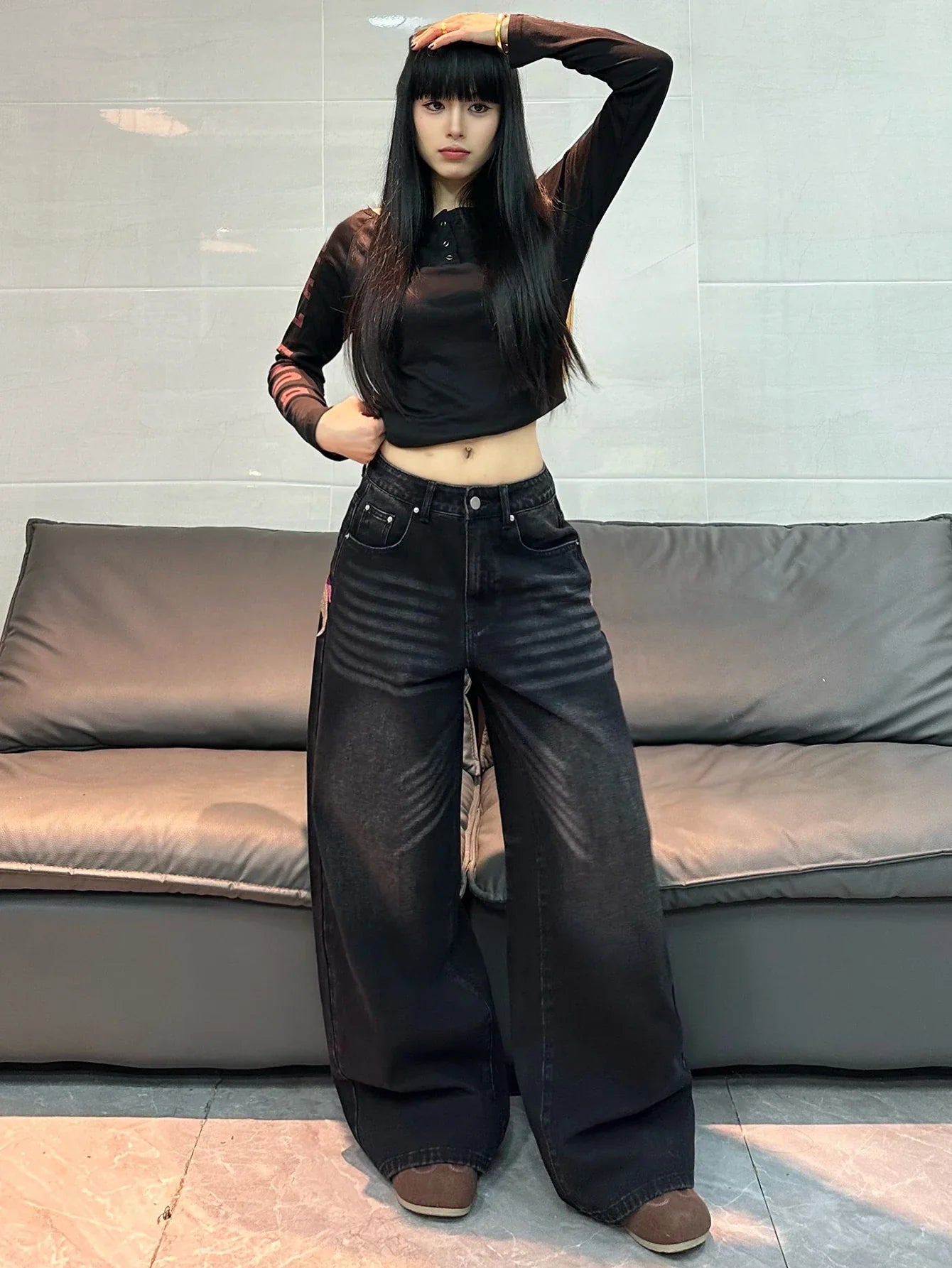 American Vintage Butterfly Embroidery Design Black Women's Loose Wide-Leg Jeans Y2K Street Fashion Versatile Straight-Leg Pants