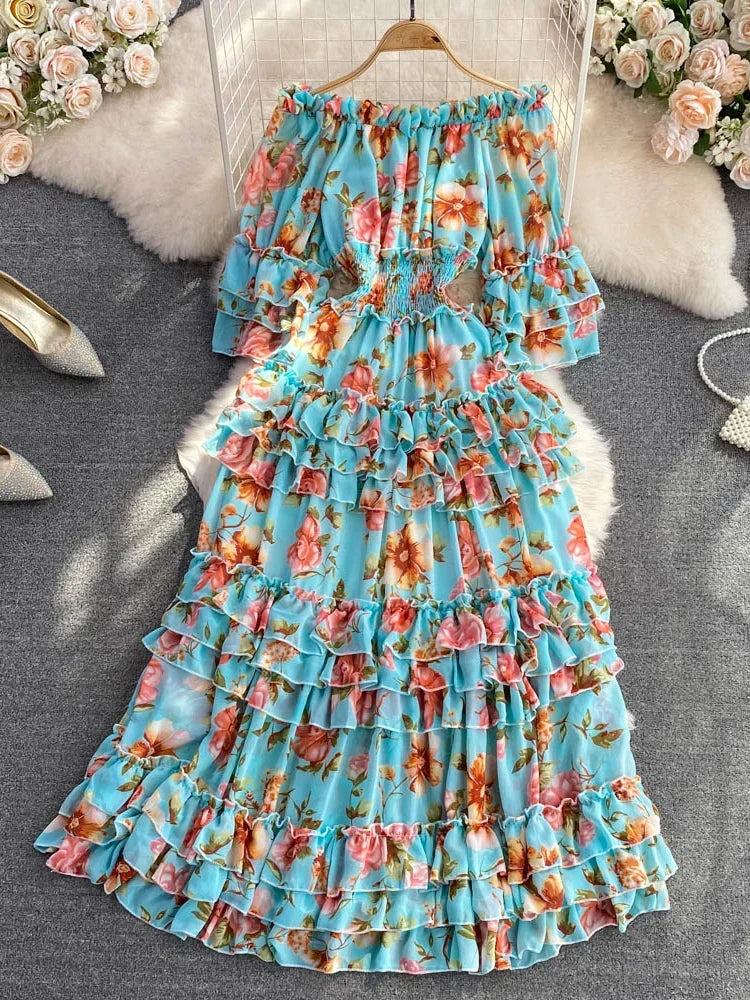 Summer New Off Shoulder  Wrap Waist to Show Thin A-line Fragmented Cake Dress Women's Beach Vacation Chiffon Long Dress GD820