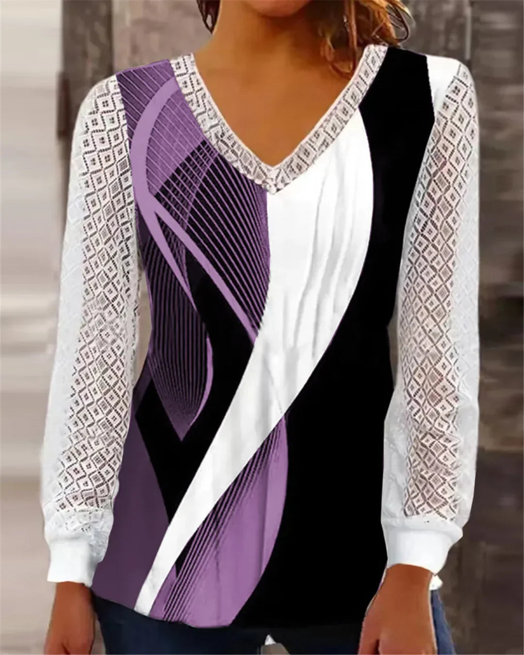 Fall Winter 2024 New V-neck Loose Geometric Pattern Print Fashion Openwork Lace Top Casual Sexy and Elegant Perspective Quilting