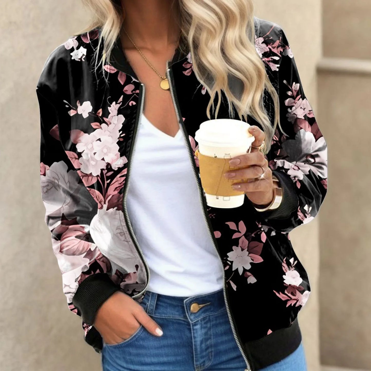 Vintage Floral Printed Jackets for Women Elegant Zipper Bomber Jacket Spring Autumn Office Wear Slim Jackets Coat Retro Outwear