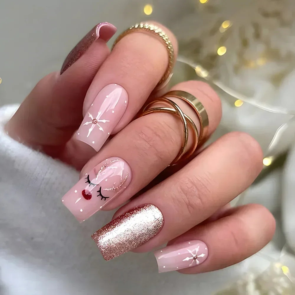 24Pcs Coffin Christmas Handmade Press on Nails Full Cover Snow Tree Design Santa Claus False Nails Wearable Manicure Nail Tips