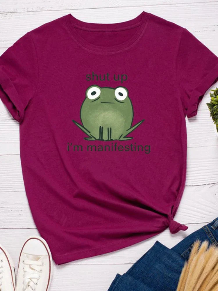 I'm Manifesting Frog Print Women T Shirt Short Sleeve O Neck Loose Women Tshirt Ladies Tee Shirt Tops Clothes Camisetas Mujer