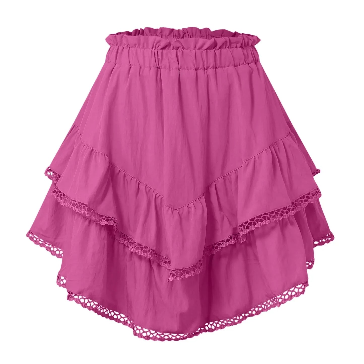 Women Flowy Ruffled Layered Shorts Elastic High Waist Pleated Mini Skirt Bohemian Crochet Skirt