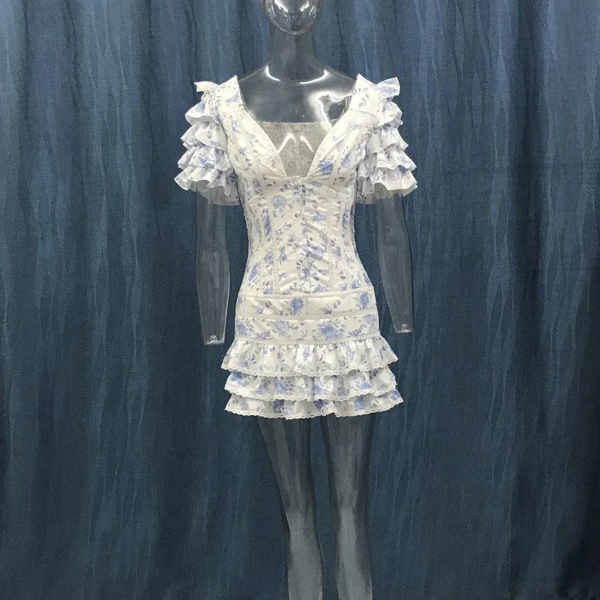 New Sweet Floral Print V-neck Ruffle Light Blue Women Mini Dress