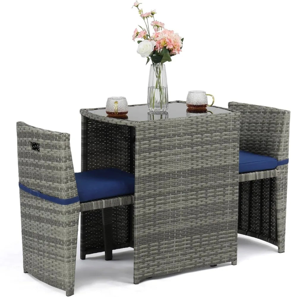 3 PCS Wicker Outdoor Patio Bistro Set, Patio Furniture Set，Space with Glass Top Table Dining Chairs,  for Garden Yard Porch