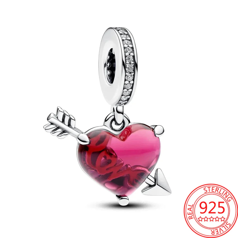 Romantic S925 Sterling Silver Love Arrow Shoots Into Red Heart Charm Fit Pandora Bracelet Women's Valentine's Day Jewelry Gift