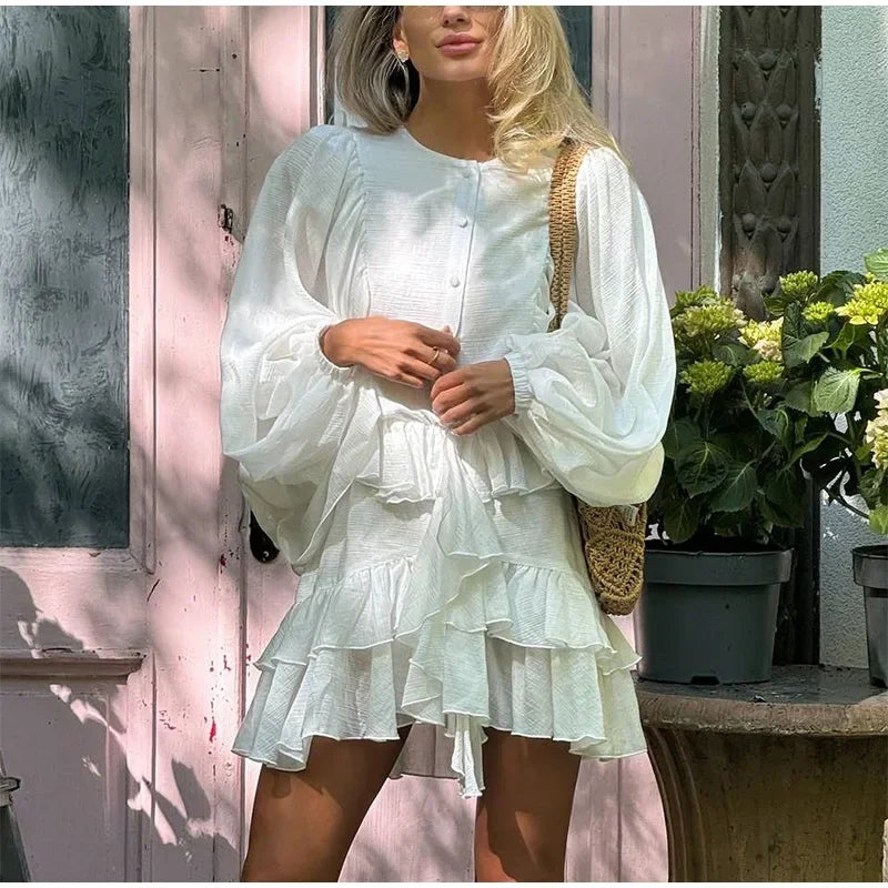 Elegant Layer Ruffles Hem Mini Dresses Chic Loose O Neck Lantern Sleeve Button A-line Cake Dress New Ladies High Street Vestidos