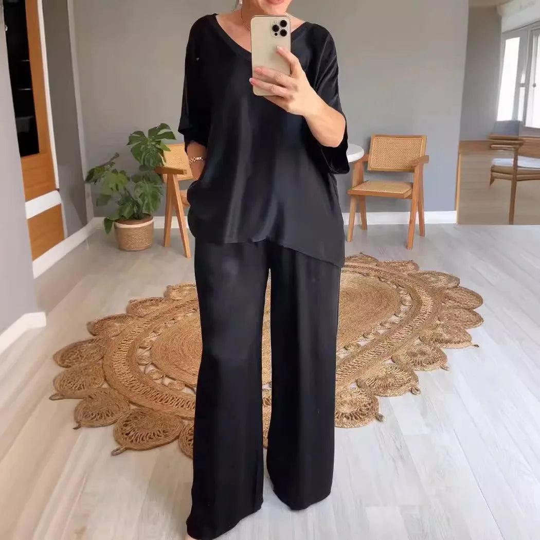 Summer Short-sleeved T-shirt Two-piece Set For Women V-neck Top Pullover Wide-leg Pants Suit For Women Spring Loose Satin Suit