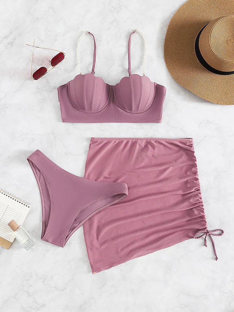 New Swimsuit Women Three Piece Set Solid Blue/Red/Orange/Black Summer Bikini European American Scallop 2024 Swimsuits Wholesale