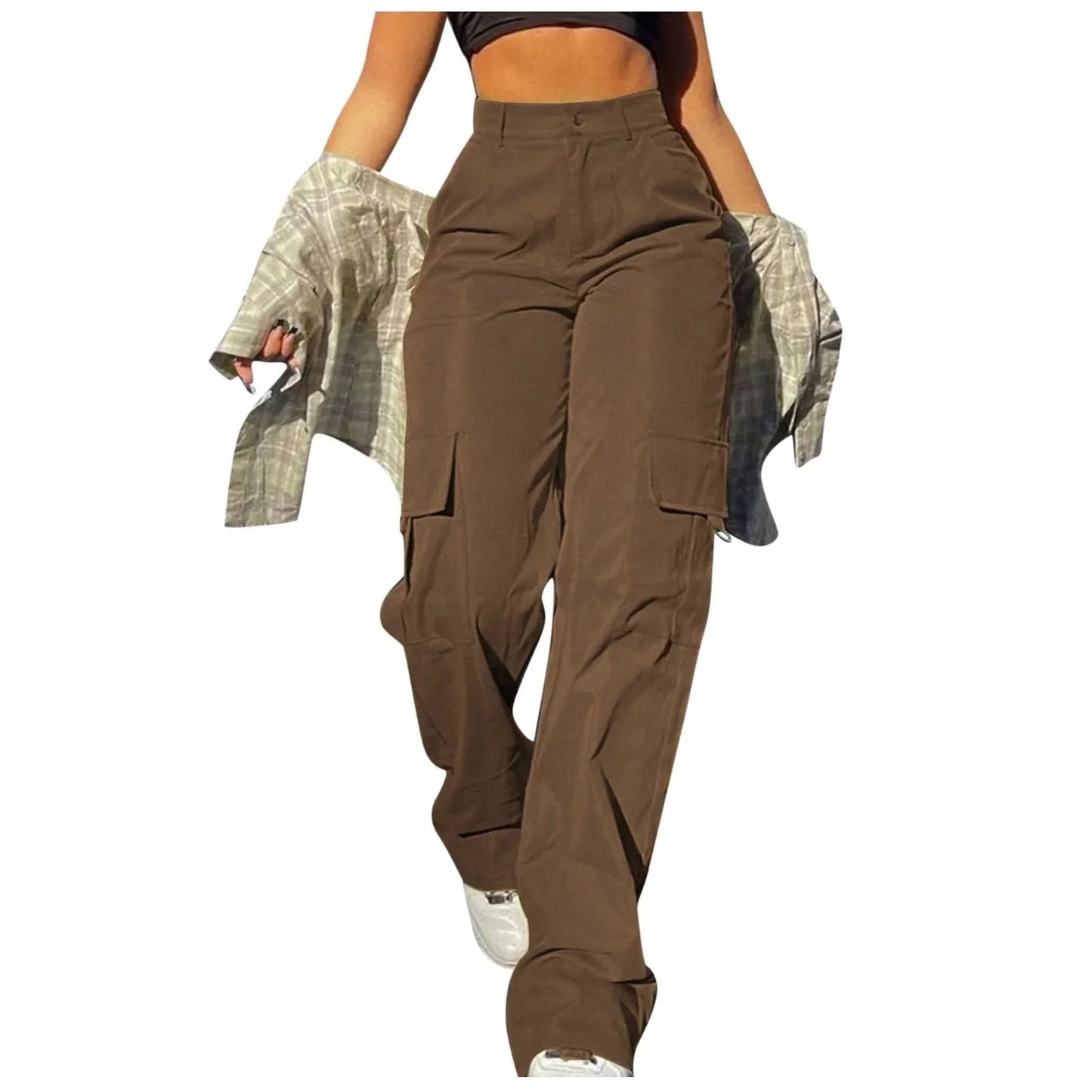Ladies' Street Fashion Multi Pocket Cargo Pants Summer Solid Color Straight Leg Pants High Waist Slimming Loose Fit Cargo Pants