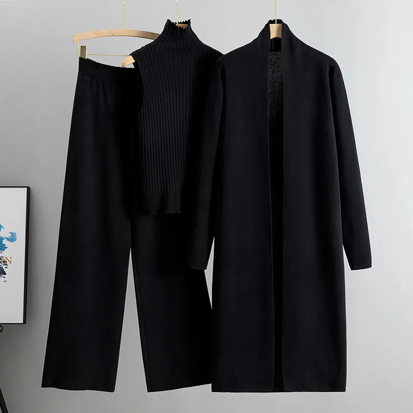 Ladies 3 Piece Outfits Sweater Sets Pullover Crop Top & Knitted Long Cardigan & Wide Leg Pants Suits Autumn Clothes Sets