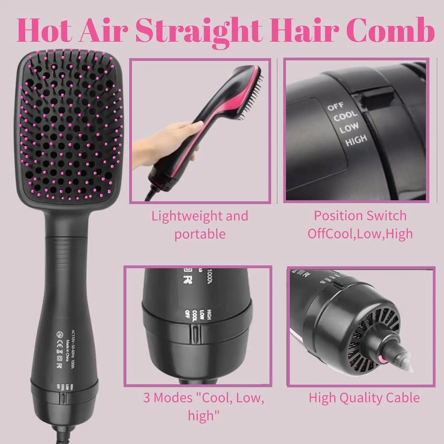 2 in 1 hot air comb, with high-speed ion airflow, use air to straighten, no thermal damage, smart temperature for medium and lon